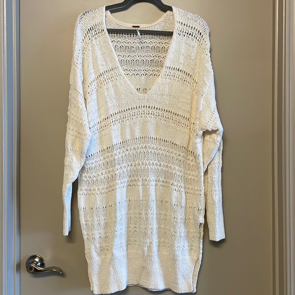 COPY - Free people v neck open knit tunic sweater split hem in white size m